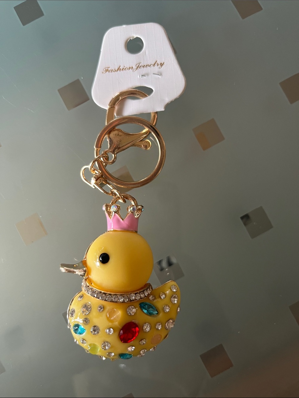 Yellow Jeweled Duck Keychain with Pink Crown